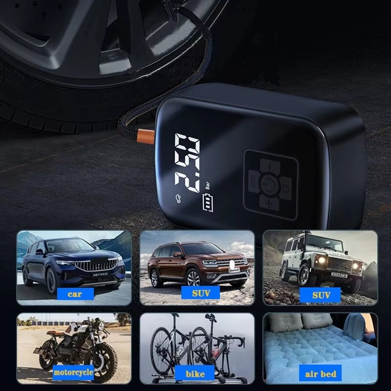 Carzona Portable wireless car air compressor for tires, motorcycles, bicycles, boats, and balls – rechargeable electric inflator