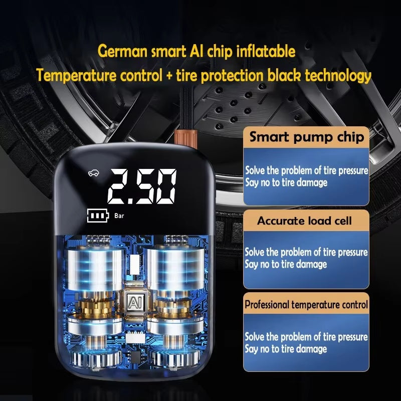 Carzona Portable wireless car air compressor for tires, motorcycles, bicycles, boats, and balls – rechargeable electric inflator